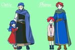  1girl 3boys beard belt blue_eyes blue_hair cape dress eliwood facial_hair father_and_daughter father_and_son fire_emblem fire_emblem:_fuuin_no_tsurugi headband hector hector_(fire_emblem) lilina multiple_boys red_hair roy_(fire_emblem) shirt shorts smile 