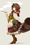  animal_ears boots brown_eyes brown_footwear brown_hair futatsuiwa_mamizou glasses highres kiseru leaf leaf_on_head looking_at_viewer neko-san_(dim.dream) pince-nez pipe raccoon_ears raccoon_tail scarf short_hair simple_background smile solo tail touhou 