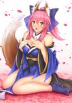  animal_ears bare_shoulders blush breasts cleavage detached_sleeves fang fate/extra fate_(series) fox_ears fox_tail hair_ribbon hand_on_own_chest hozenkakari japanese_clothes large_breasts looking_at_viewer open_mouth pink_hair ponytail ribbon sitting solo tail tamamo_(fate)_(all) tamamo_no_mae_(fate) wariza yellow_eyes 