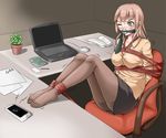  arms_behind_back bad_id bad_pixiv_id bdsm blush bondage bound breasts brown_eyes brown_hair cellphone chair clothes_gag computer covered_nipples desk feet full_body gag gagged gbeeee improvised_gag laptop large_breasts necktie office_chair office_lady one_eye_closed pantyhose phone plant potted_plant rope sheer_legwear shibari smartphone solo tears toes 