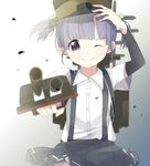  &gt;:) ;) arm_warmers blurry blush depth_of_field dress_shirt grey_skirt hair_ribbon hand_on_own_head hat kantai_collection looking_at_viewer machinery one_eye_closed ooshio_(kantai_collection) pleated_skirt purple_eyes purple_hair ribbon shirt short_hair short_sleeves short_twintails skirt smile solo suspenders torute_(winter) turret twintails v-shaped_eyebrows 