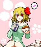  alternate_costume bandaid bandaid_on_knee bare_shoulders blonde_hair blush drinking drinking_straw eighth_note flower food hair_flower hair_ornament hamburger musical_note noumen off-shoulder_sweater red_eyes rumia soda solo speech_bubble spoken_musical_note sweater tank_top touhou 
