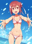  :d bare_shoulders bikini blush breasts collarbone cowboy_shot day hair_ornament hair_ribbon highres horizon looking_at_viewer michairu navel ocean open_mouth outstretched_arms pink_bikini pink_eyes red_hair ribbon short_hair side-tie_bikini sky small_breasts smile solo swimsuit yuuki_yuuna yuuki_yuuna_wa_yuusha_de_aru yuusha_de_aru 