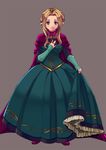  alternate_hairstyle anna_(frozen) anna_(frozen)_(cosplay) breasts brown_hair cape cosplay dragon's_dogma dress frozen_(disney) full_body green_dress grey_background long_hair medium_breasts nanakichi pawn_(dragon's_dogma) pointy_ears smile solo tiara vambraces 
