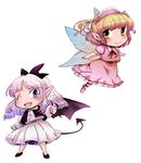  blonde_hair bow demon_girl demon_tail demon_wings extra fairy_wings fang hair_bow multiple_girls muutzi one_eye_closed pink_hair pointy_ears purple_eyes side_ponytail tail thumbs_up touhou touhou_(pc-98) wings yellow_eyes 