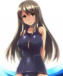  bare_shoulders breasts brown_hair collarbone large_breasts long_hair navel one-piece_swimsuit original school_swimsuit shiny shiny_clothes smile solo swimsuit wet yellow_eyes ygo 