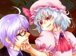  1girl ahoge ascot bat_wings blue_hair bow brooch fingernails formal glasses hat hat_bow hat_ribbon jewelry jin_nai morichika_rinnosuke red_eyes remilia_scarlet ribbon short_hair silver_hair smirk suit touhou wings yellow_eyes 