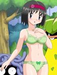  blush bra breasts cleavage erika_(pokemon) forest green_bra green_panties gym_leader hairband lingerie lowres nature outdoors panties pokemoa pokemon tangela underwear victreebel 