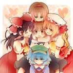  alice_margatroid bad_id bad_pixiv_id between_legs blonde_hair blush ena_(artist) fang flandre_scarlet frills hakurei_reimu heart hug kawashiro_nitori kirisame_marisa multiple_girls sarashi touhou two_side_up 