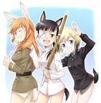  agahari animal_ears black_hair blonde_hair blue_eyes charlotte_e_yeager erica_hartmann eyepatch long_hair multicolored_hair multiple_girls no_pants one_eye_closed ponytail sakamoto_mio shinai short_hair smile strike_witches sword tail two-tone_hair uniform weapon world_witches_series 