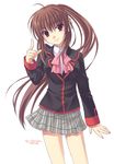  ahoge bow brown_hair hair_ornament little_busters! long_hair miniskirt natsume_rin pink_bow plaid plaid_skirt ponytail red_eyes ribbon school_uniform skirt smile solo takigawa_yuu 