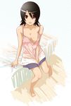  bare_shoulders barefoot bed black_hair breasts brown_eyes camisole hitou_nami medium_breasts no_bra sakebuotoko sayonara_zetsubou_sensei short_hair shorts sitting smile solo 