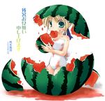  araki_fuu artoria_pendragon_(all) blonde_hair eating fate/stay_night fate_(series) food fruit green_eyes hair_ribbon holding holding_food holding_fruit in_food lowres minigirl ribbon saber solo watermelon 