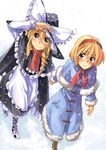  alice_margatroid blonde_hair boots braid cape capelet coat hairband hakui_ami hat holding_hands kirisame_marisa md5_mismatch multiple_girls short_hair touhou witch_hat yellow_eyes 