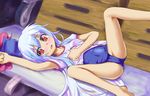  barefoot blue_hair blush cameltoe flat_chest hat highres kamishirasawa_keine long_hair m_spark no_pants one-piece_swimsuit red_eyes school_swimsuit shirt solo swimsuit swimsuit_under_clothes touhou very_long_hair 