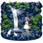  animal animated animated_gif barefoot cat closed_eyes day dress grey_hair hair_flaps lowres nature original pixel_art plant ripples solo standing sundress tozaki_makoto transparent_background wading water waterfall 