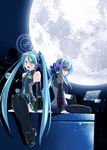  aqua_hair butt_crack caffein detached_sleeves dimples_of_venus handheld_game_console hatsune_miku long_hair looking_back moon multiple_girls playstation_portable project_diva_(series) very_long_hair vocaloid voyakiloid yowane_haku 