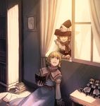  ^_^ alice_margatroid bangs blonde_hair book book_stack bookshelf bow closed_eyes curtains doll dress fo~do frame hat hat_bow holding holding_book house kirisame_marisa long_sleeves looking_up multiple_girls open_book open_mouth shanghai_doll sitting touhou white_bow window witch_hat 
