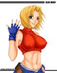  blonde_hair blue_eyes blue_mary breasts fatal_fury fingerless_gloves gloves large_breasts short_hair solo sports_bra the_king_of_fighters zentagas 