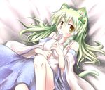  animal_ears baerun blush cat_ears cat_tail detached_sleeves frog gohei green_hair kemonomimi_mode kochiya_sanae long_hair lying on_back snake solo tail touhou yellow_eyes 