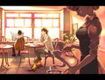  2boys apron brown_hair cafe copyright_request glasses hair_bun highres letterboxed multiple_boys newspaper sitting takeda_mika waitress window yellow_legwear 