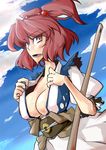 bad_id bad_pixiv_id breasts brown_eyes cleavage large_breasts nagihito onozuka_komachi red_hair short_hair solo sweat touhou two_side_up 