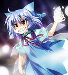 bad_id bad_pixiv_id blue_hair bow cirno dress grin hair_bow ice red_eyes ribbon short_hair smile solo touhou umekichi wings 