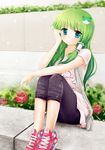  aqua_eyes bad_id bad_pixiv_id casual contemporary frog green_hair hair_ornament kochiya_sanae long_hair nikoo no_socks shoes sneakers solo touhou 