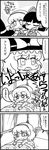  4koma alice_margatroid bangs bed blanket bow closed_eyes comic detached_sleeves eyebrows eyebrows_visible_through_hair frilled_bow frills gakubuchi_aiko greyscale hair_between_eyes hair_bow hair_tubes hairband hakurei_reimu hands_clasped hat hat_bow highres kirisame_marisa long_sleeves monochrome multiple_girls open_mouth own_hands_together pajamas shanghai_doll smile speech_bubble star tears touhou translated window witch_hat 