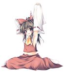  armpits arms_up bow breasts brown_hair detached_sleeves hair_bow hakurei_reimu highres meme non-web_source short_hair sideboob sitting small_breasts solo tateha_(marvelous_grace) touhou 
