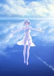  bare_arms bare_legs barefoot blue blue_hair blue_sky brown_eyes cloud cloudy_sky condensation_trail day dress feet flat_chest highres hisakata_souji legs looking_at_viewer midair neckerchief orange_eyes original outstretched_arms parted_lips see-through see-through_silhouette short_dress short_hair sky solo spread_arms white_dress 