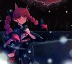  animal_ears blurry bokeh braid cat_ears depth_of_field hair_ribbon japanese_clothes kaenbyou_rin kimono light_particles red_eyes red_hair ribbon shin_(new) short_hair solo touhou twin_braids twintails 