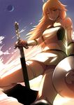  ahoge blonde_hair choker detached_sleeves earrings green_eyes hoshii_miki idolmaster idolmaster_(classic) jewelry long_hair maruwa_tarou moon navel shield solo sword thighhighs weapon 