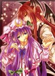  amamorient bat_wings blue_eyes bow hat head_wings koakuma long_hair mouth_hold multiple_girls patchouli_knowledge pink_bow pointy_ears purple_hair red_hair touhou wings 