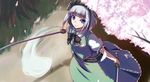  akiyasu belt bow bowtie cherry_blossoms dual_wielding from_above ghost hairband hitodama holding katana konpaku_youmu konpaku_youmu_(ghost) looking_up petals purple_eyes short_hair silver_hair smile solo sword touhou weapon 