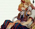  arm_warmers bad_id bad_pixiv_id blonde_hair green_eyes horn hoshiguma_yuugi hug hug_from_behind long_hair mizuhashi_parsee multiple_girls pointy_ears red_eyes rex_k scarf short_hair touhou 