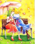  alice_margatroid ascot bench blonde_hair boots green_hair hairband imminent_kiss kazami_yuuka mary_janes millipen_(medium) multiple_girls parasol plaid plaid_skirt plaid_vest red_eyes shiroaisa shoes short_hair skirt skirt_set touhou traditional_media umbrella vest watercolor_(medium) yuri 