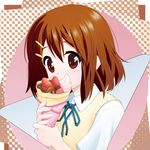  blush brown_eyes brown_hair crepe eating food food_wrapper fruit goyacchi hair_ornament hairclip hirasawa_yui k-on! school_uniform short_hair solo strawberry 