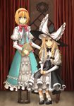  alice_margatroid blonde_hair blue_eyes book boots braid chair embellished_costume hairband hakui_ami hat kirisame_marisa long_hair mary_janes multiple_girls shoes short_hair sitting touhou witch_hat yellow_eyes 