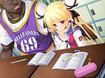  1girl ahoge ashishun bald basketball basketball_uniform blonde_hair blush book bun_cover chair classroom clothes_writing dark_skin dark_skinned_male desk double_bun facial_hair game_cg goatee jersey jewelry john_(machi_gurumi_no_wana) jpeg_artifacts lips long_hair machi_gurumi_no_wana necklace nervous non-web_source pencil pencil_case pink_eyes ribbon school_uniform serafuku shirt smile sportswear studying t-shirt takagi_yui twintails very_dark_skin very_long_hair 