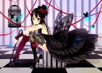  akiyama_mio bad_id bad_pixiv_id bangs black_eyes black_hair blunt_bangs breasts bug butterfly cage cane dress flower gloves hat insect k-on! lace long_hair medium_breasts mini_hat mini_top_hat sideboob sitting skirt solo striped thighhighs top_hat ushi_(newrein) wings 
