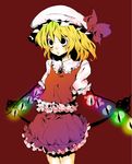  alternate_wings arms_behind_back black_eyes blonde_hair face flandre_scarlet frills glowing gradient_hair hat laevatein multicolored_hair neichiru simple_background skirt solo standing touhou wings 