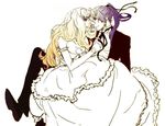  1girl blonde_hair blue_eyes blue_hair bride brown_eyes chane_(nap_cat) couple detached_sleeves dress earrings formal frills hair_ribbon hetero jewelry long_hair macross macross_frontier necktie ribbon saotome_alto sheryl_nome single_earring suit wedding_dress 