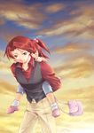  1girl bad_id bad_pixiv_id bag black_eyes brother_and_sister carrying closed_eyes hair_bobbles hair_ornament mary_janes mikasa_haruna pants piggyback red_hair shirt shoes short_hair siblings sleeping smile sunset twintails umineko_no_naku_koro_ni ushiromiya_ange ushiromiya_battler younger 