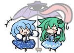  chibi cosplay costume_switch frog geta karakasa_obake kochiya_sanae lowres multiple_girls purple_umbrella tatara_kogasa tongue touhou umbrella yanagi_(nurikoboshi) |_| 