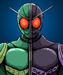  antennae bad_id bad_pixiv_id black_bodysuit blue_background bodysuit gb_(doubleleaf) green_bodysuit headgear kamen_rider kamen_rider_double kamen_rider_w looking_at_viewer male_focus red_eyes simple_background solo upper_body 