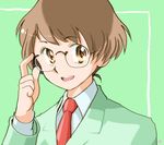  akizuki_ryou androgynous brown_eyes brown_hair ebi-rom formal glasses idolmaster idolmaster_dearly_stars male_focus necktie smile solo suit 