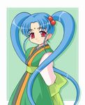  arms_behind_back blue_hair child facial_mark forehead_mark hagiya_masakage hair_ornament hair_tie masaki_sasami_jurai red_eyes sash solo standing tenchi_muyou! twintails 