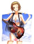  akiyama_mio bass_guitar bikini blush breasts brown_eyes brown_hair check_translation front-tie_top grin hairband head_out_of_frame instrument k-on! large_breasts minazuki_(karashikazoku) one_eye_closed partially_translated poster_(object) side-tie_bikini smile solo swimsuit tainaka_ritsu translation_request 