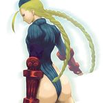  ahoge ass blonde_hair blue_leotard braid cammy_white fingerless_gloves futarou_(1214) garrison_cap gloves hat highres huge_ahoge leotard long_hair solo street_fighter thong_leotard twin_braids 